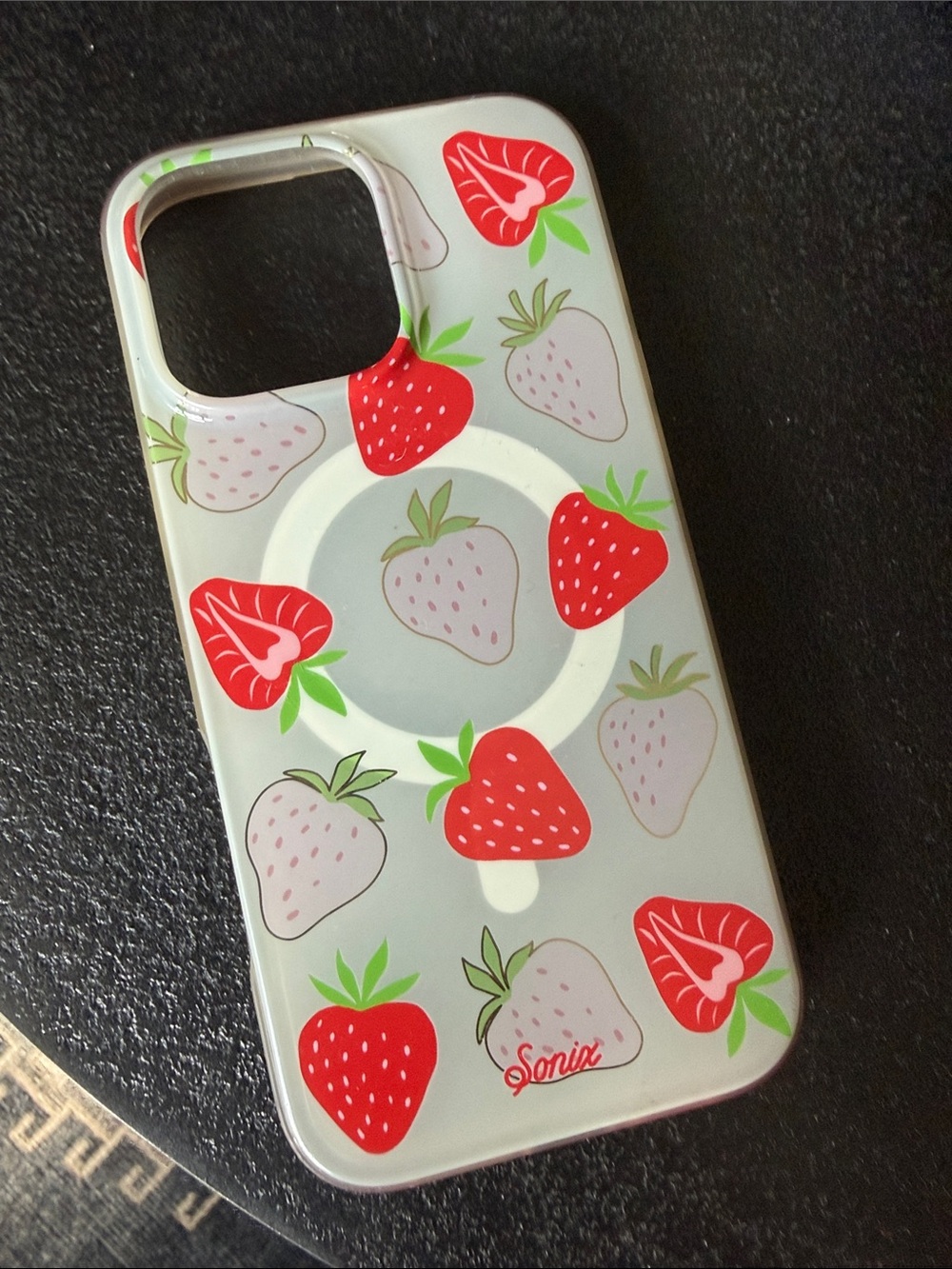 Sonix White iPhone 16 pro max Case with Red & Green Strawberry Print - MagSafe